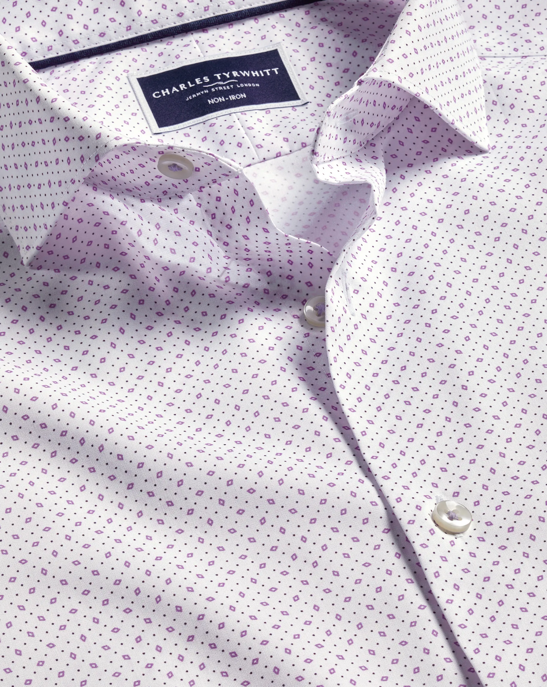 Business Casual Shirts|Casual Shirts<Charles Tyrwhitt Semi-Spread Collar Non-Iron Diamond Print Shirt - White & Lilac Purple White and Lilac