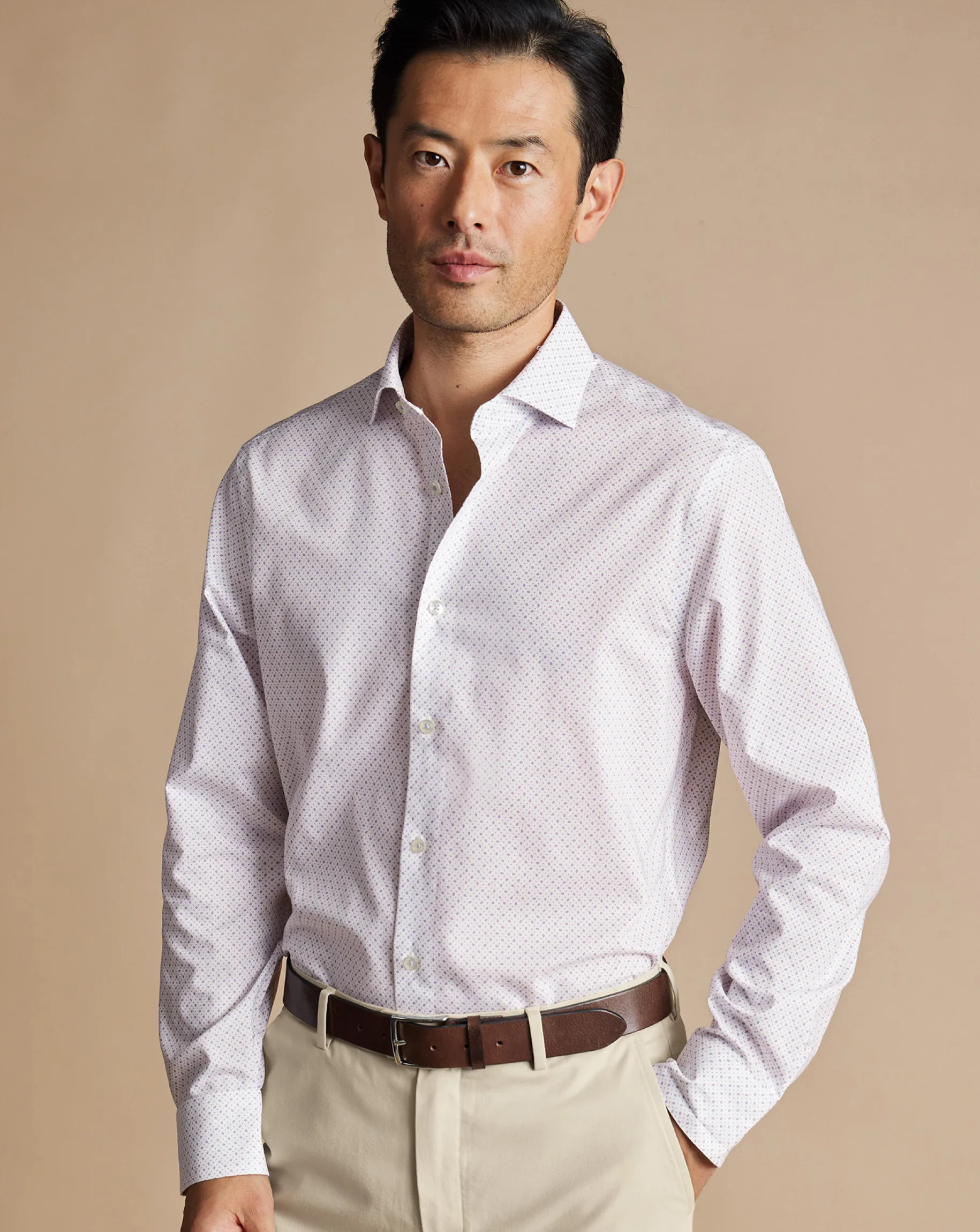 Business Casual Shirts|Casual Shirts<Charles Tyrwhitt Semi-Spread Collar Non-Iron Diamond Print Shirt - White & Lilac Purple White and Lilac
