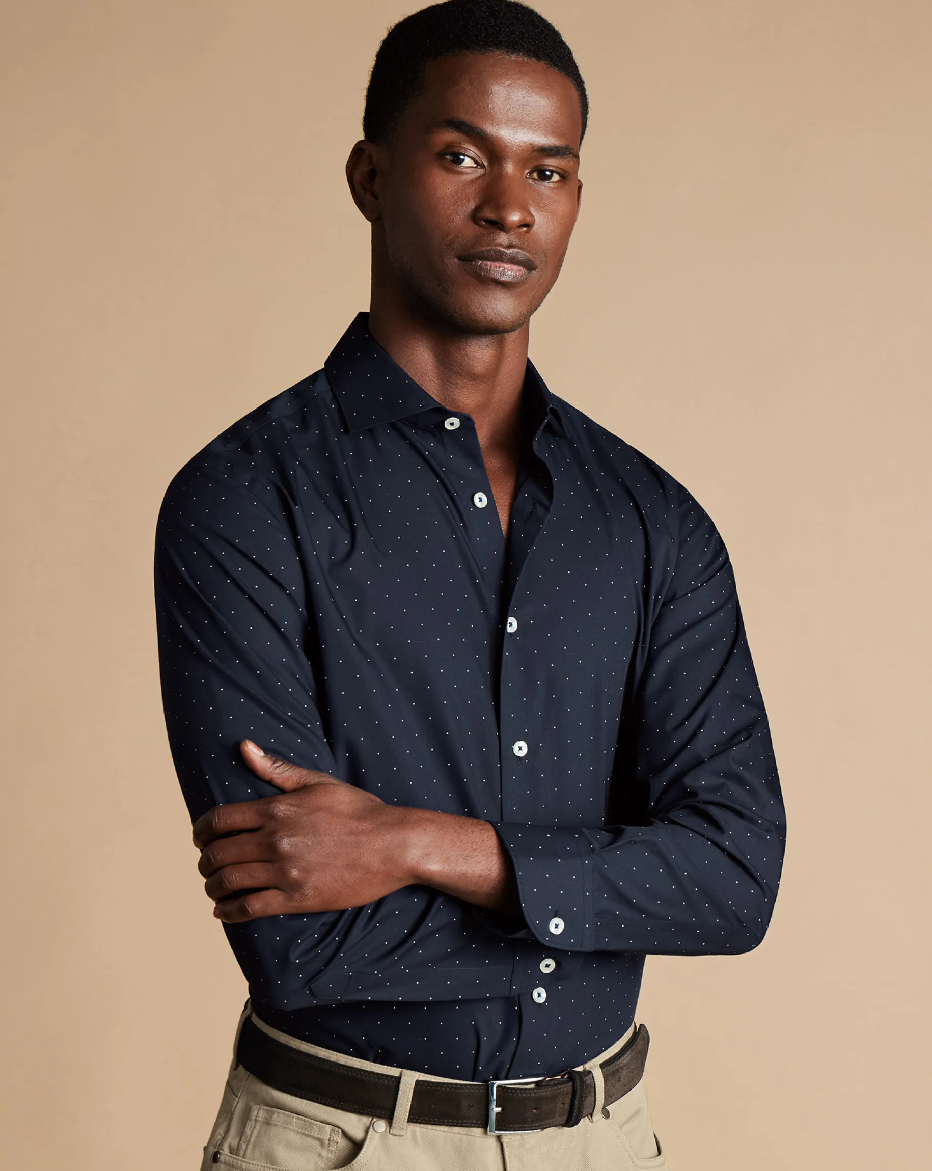 Printed Shirts|Business Casual Shirts<Charles Tyrwhitt Semi-Spread Collar Non-Iron Spot Print Shirt - Navy