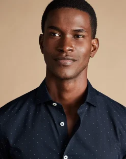 Printed Shirts|Business Casual Shirts<Charles Tyrwhitt Semi-Spread Collar Non-Iron Spot Print Shirt - Navy