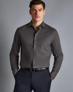 Shirt Sale|Casual Shirts<Charles Tyrwhitt Semi-Spread Collar Non-Iron Stretch Texture Shirt - Charcoal Grey