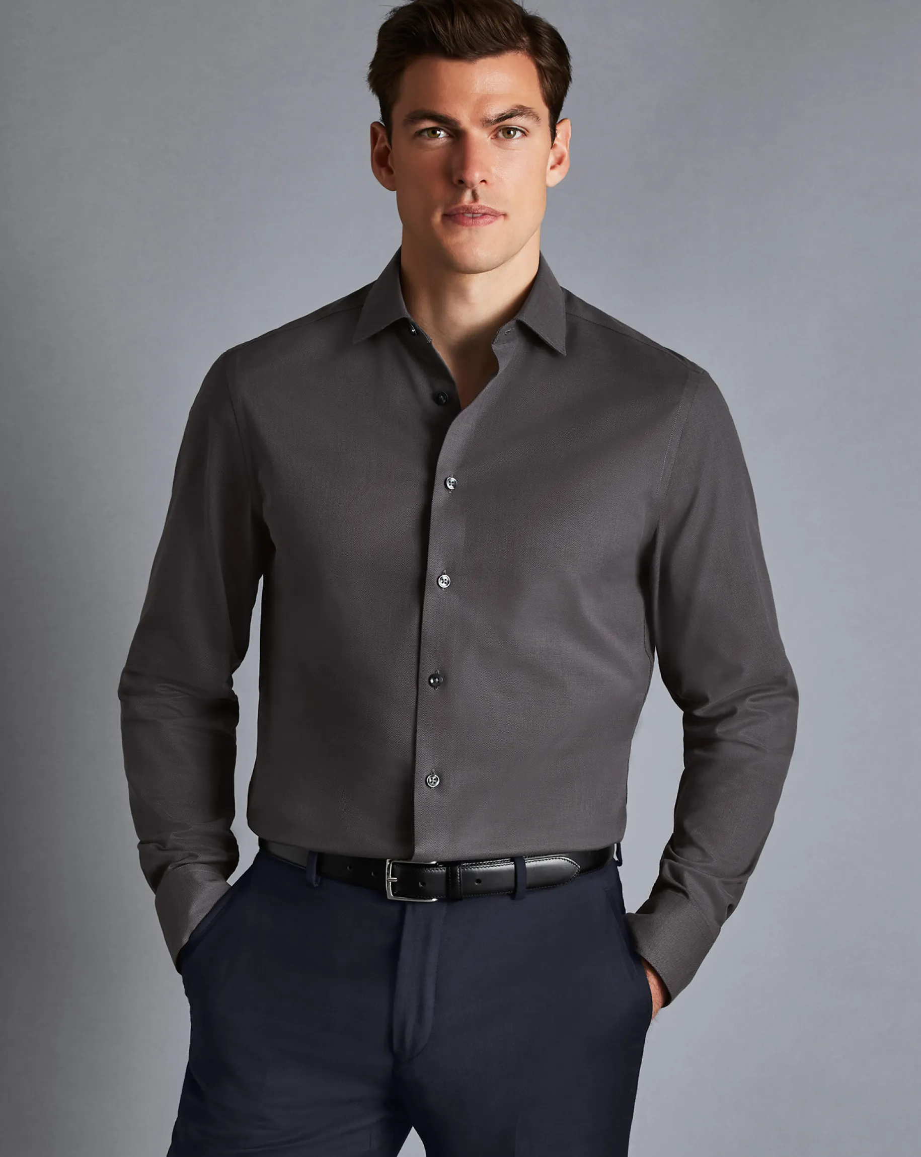 Shirt Sale|Casual Shirts<Charles Tyrwhitt Semi-Spread Collar Non-Iron Stretch Texture Shirt - Charcoal Grey