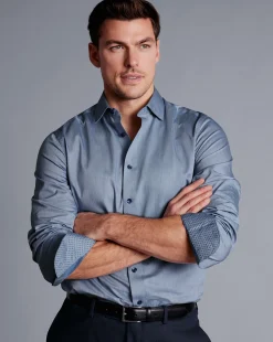 Business Casual Shirts|Dress Shirts<Charles Tyrwhitt Semi-Spread Collar Twill Shirt with Printed Trim - Steel Blue