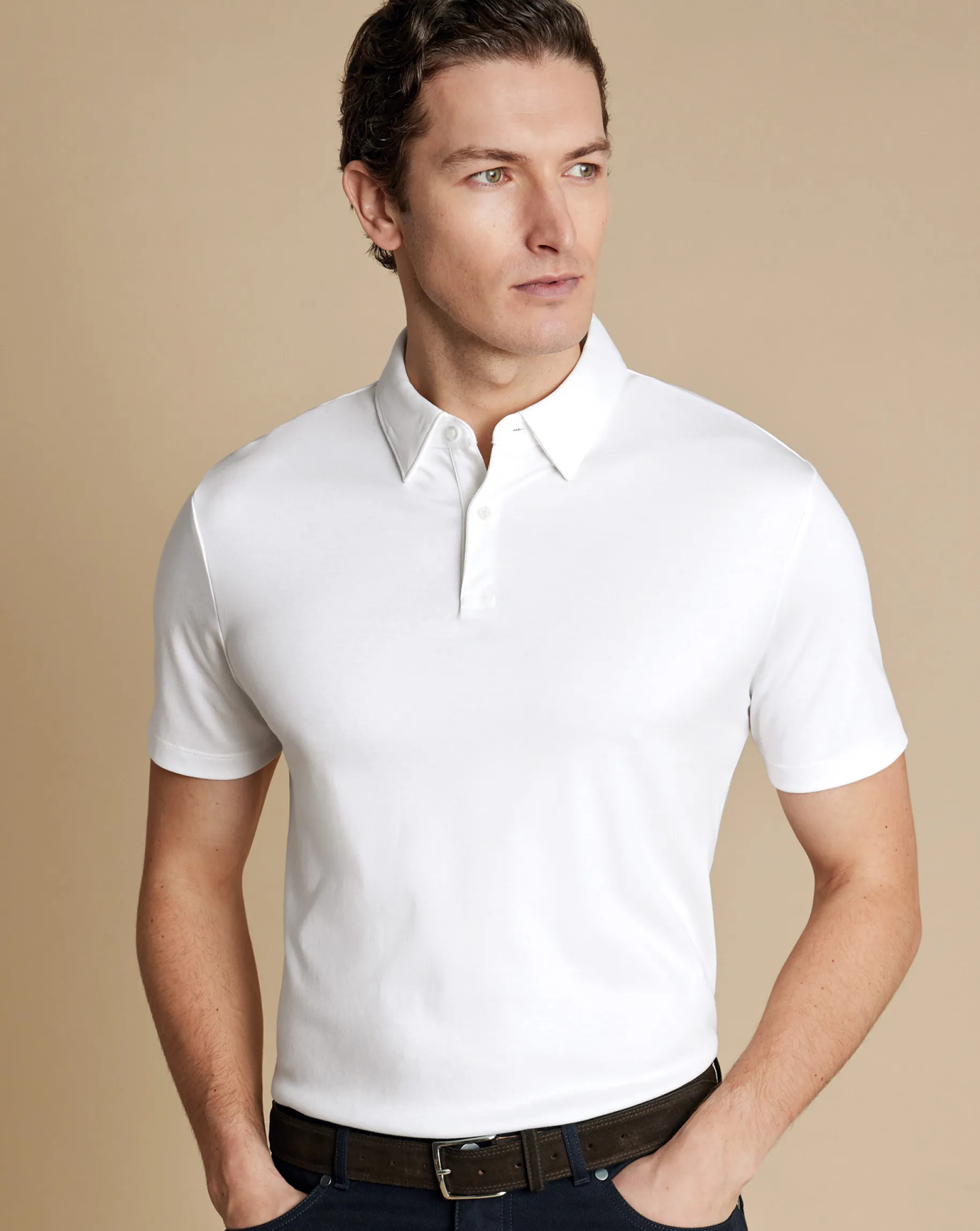 Polos|White<Charles Tyrwhitt Smart Jersey Polo - White