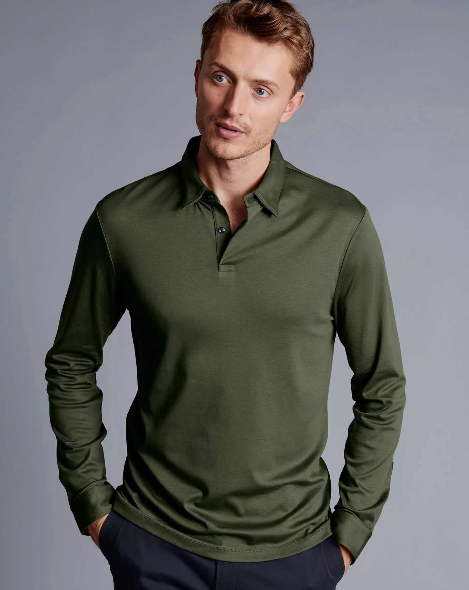 Smart polos|green<Charles Tyrwhitt Smart Long Sleeve Jersey Polo - Green Olive