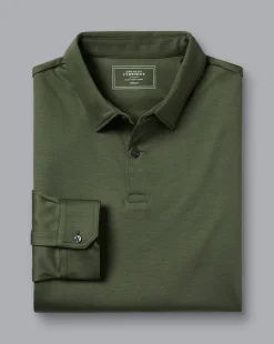 Smart polos|green<Charles Tyrwhitt Smart Long Sleeve Jersey Polo - Green Olive