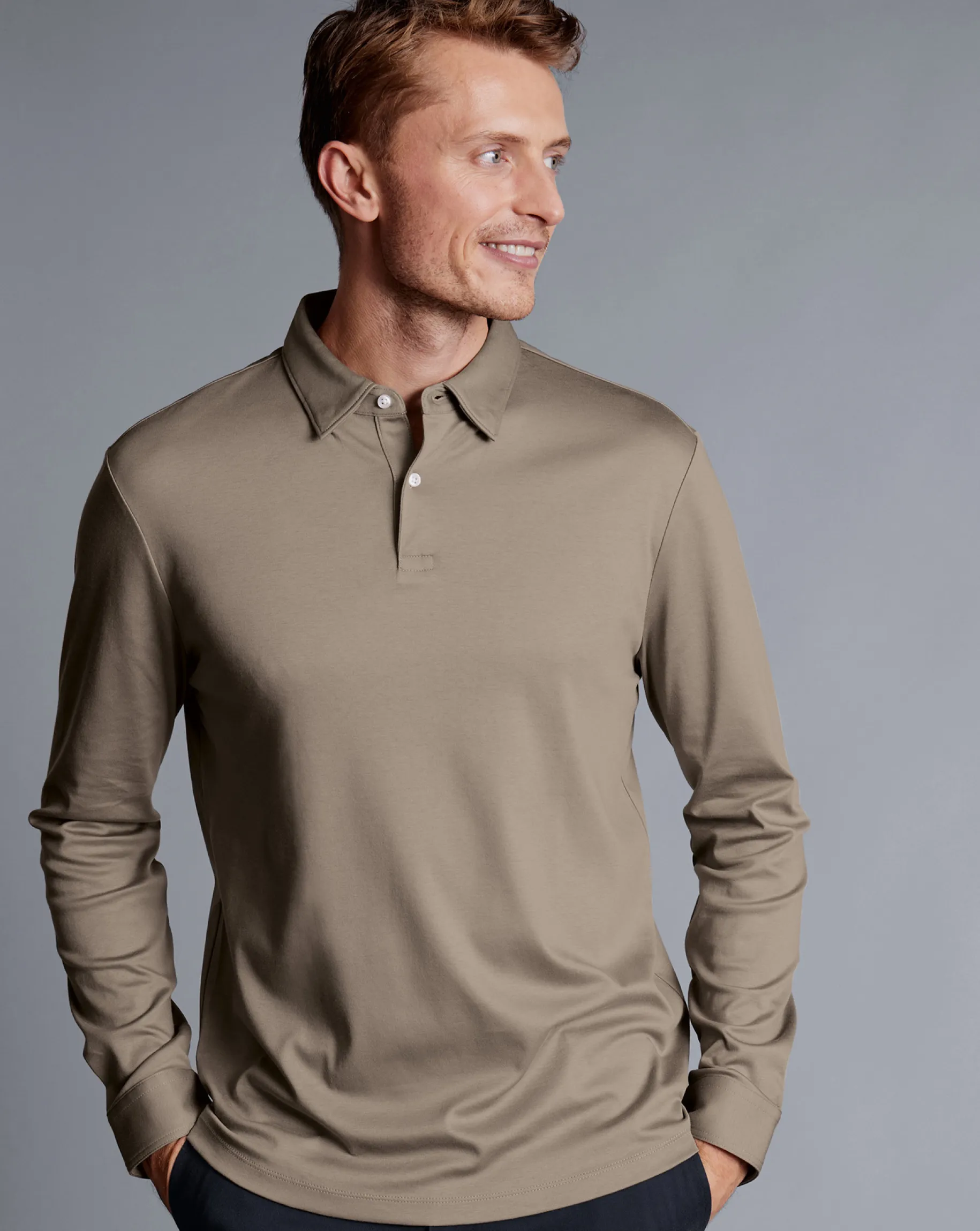 Long Sleeve polos|Polos<Charles Tyrwhitt Smart Long Sleeve Jersey Polo - Taupe