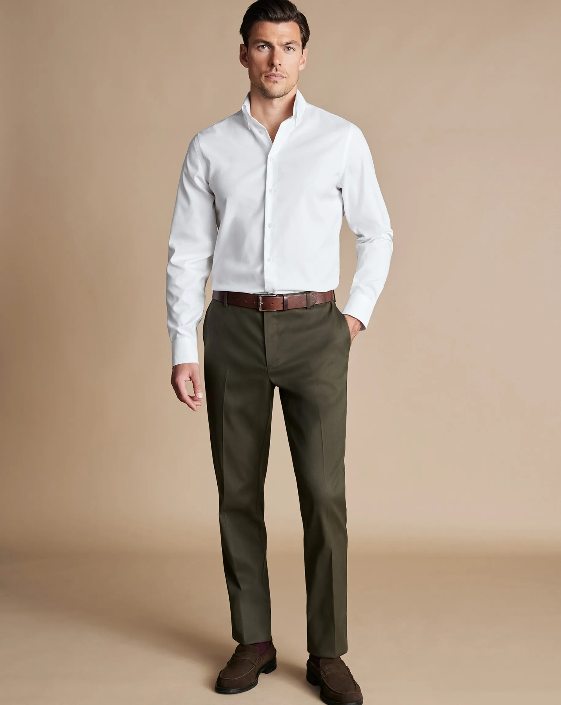 Smart Pants|Classic Fit Pants<Charles Tyrwhitt Smart Stretch Texture Pants - Green Olive