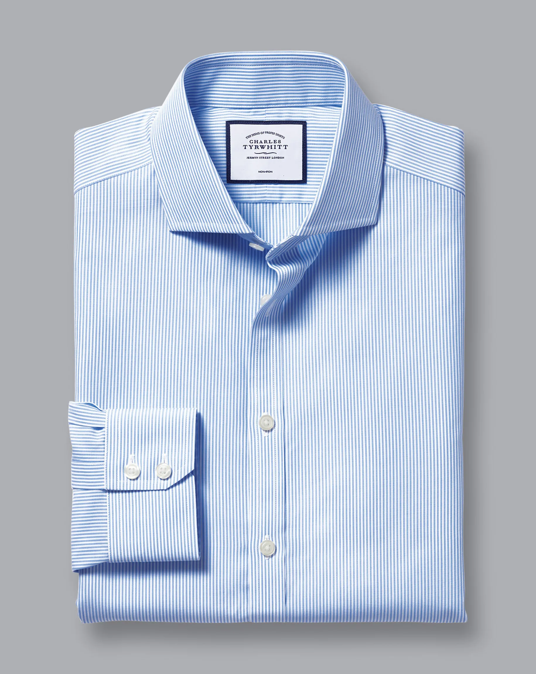 Dress Shirts|Blue Shirts<Charles Tyrwhitt Spread Collar Non-Iron Bengal Stripe Shirt - Sky Cornflower Blue