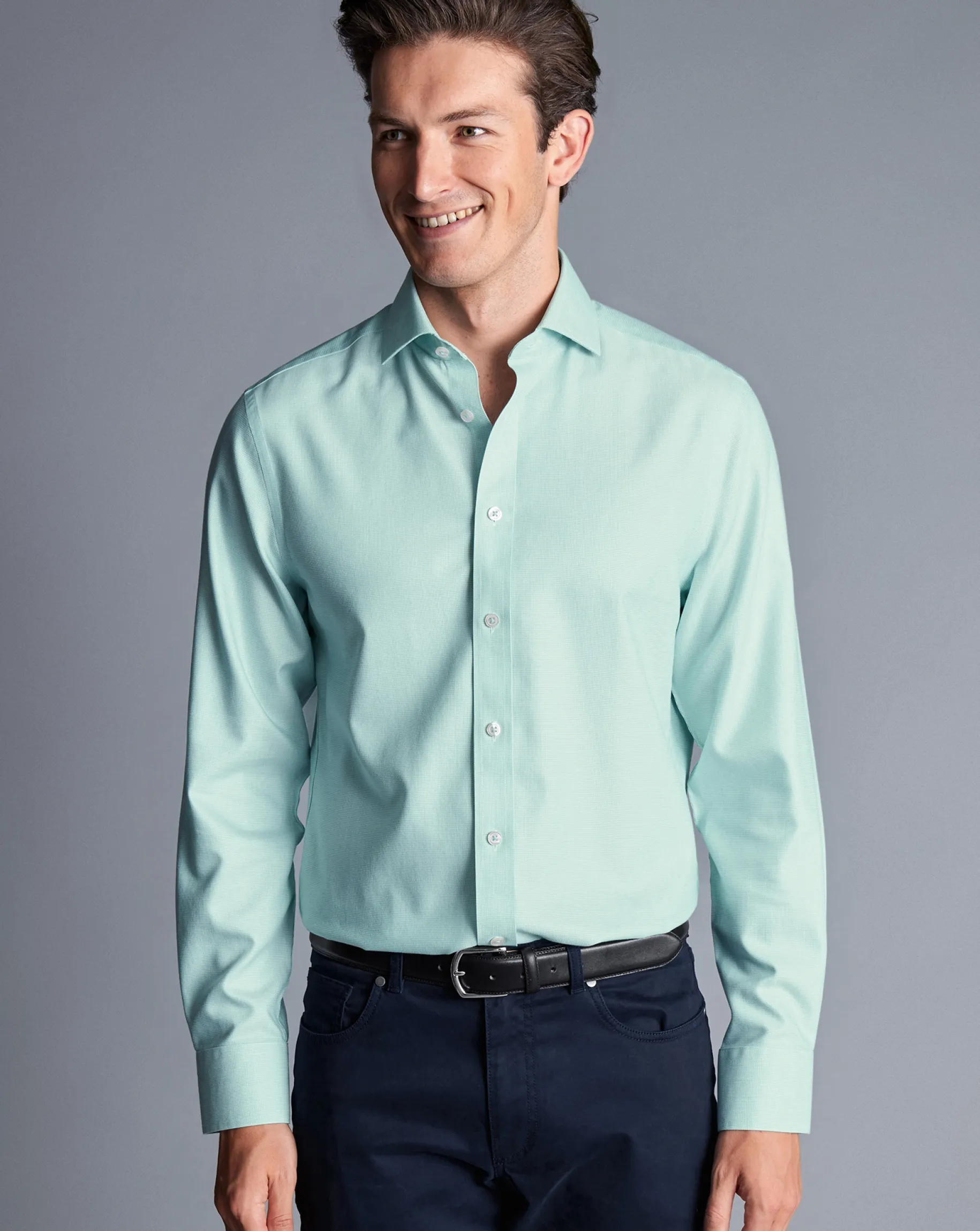 Shirt Sale|Dress Shirts<Charles Tyrwhitt Spread Collar Non-Iron Clifton Weave Shirt - Green Aqua