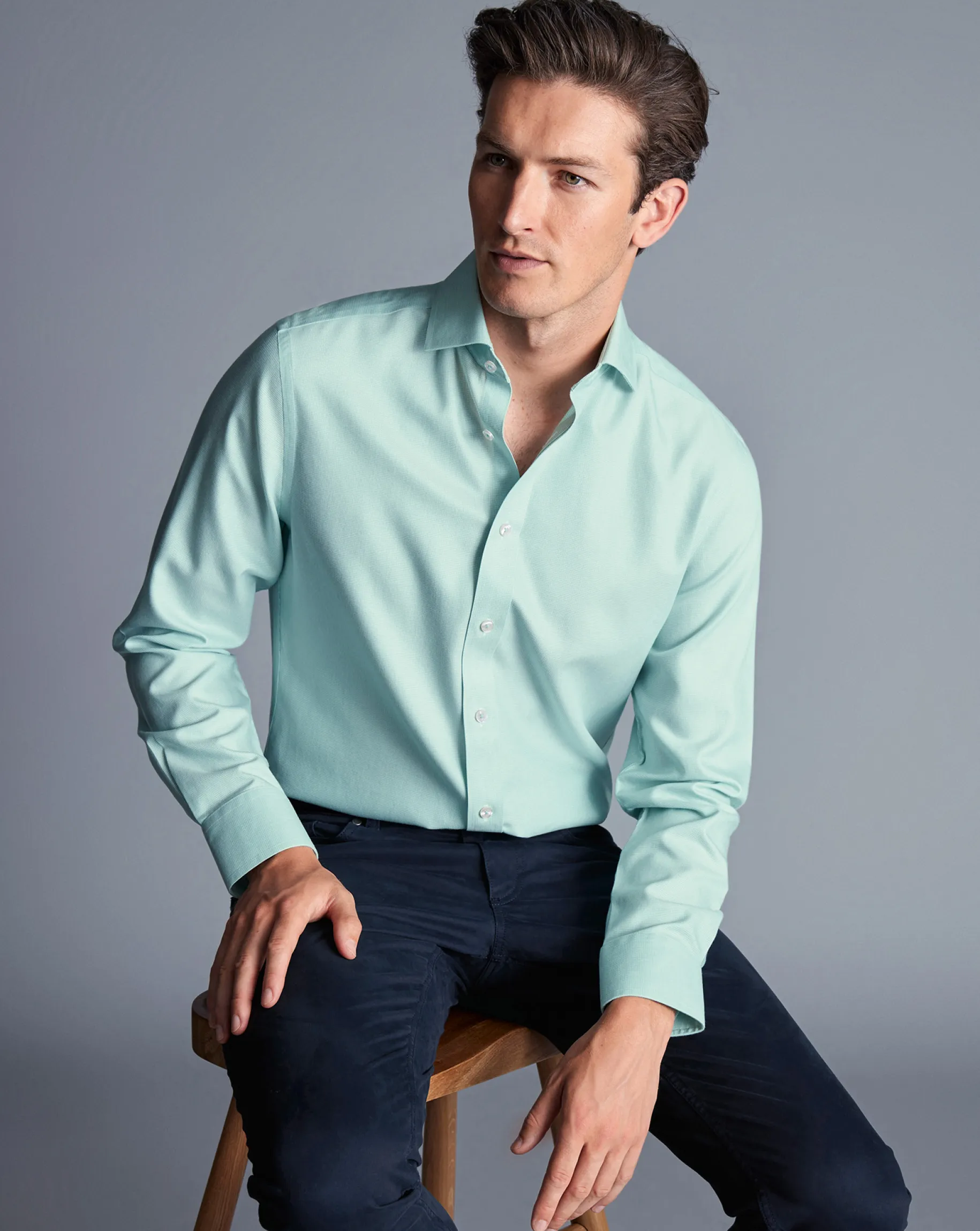 Shirt Sale|Dress Shirts<Charles Tyrwhitt Spread Collar Non-Iron Clifton Weave Shirt - Green Aqua