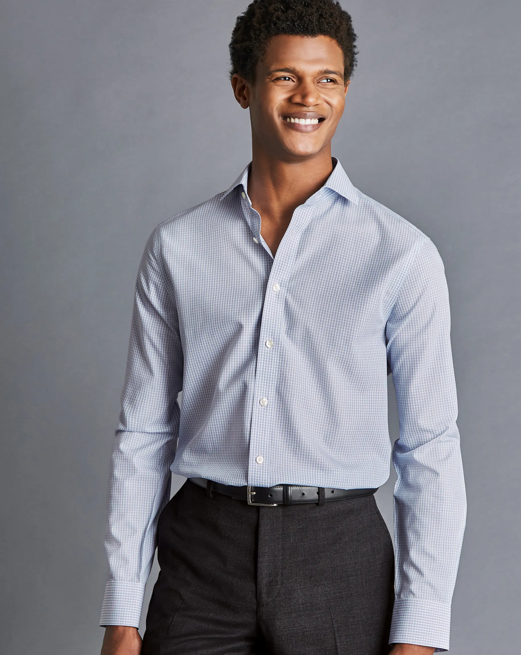Dress Shirts|XL<Charles Tyrwhitt Spread Collar Non-Iron Double Check Shirt - Cobalt Blue