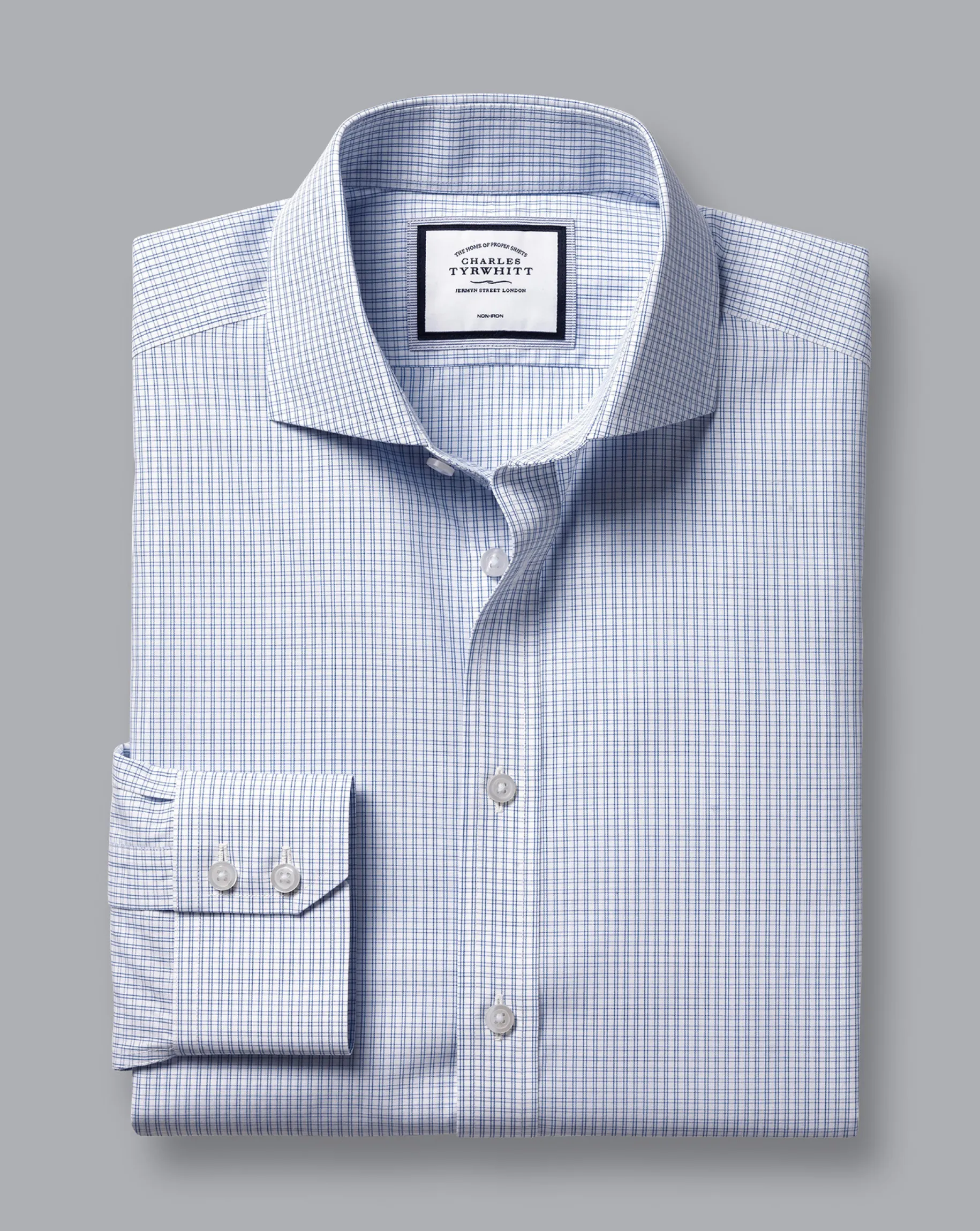Dress Shirts|XL<Charles Tyrwhitt Spread Collar Non-Iron Double Check Shirt - Cobalt Blue