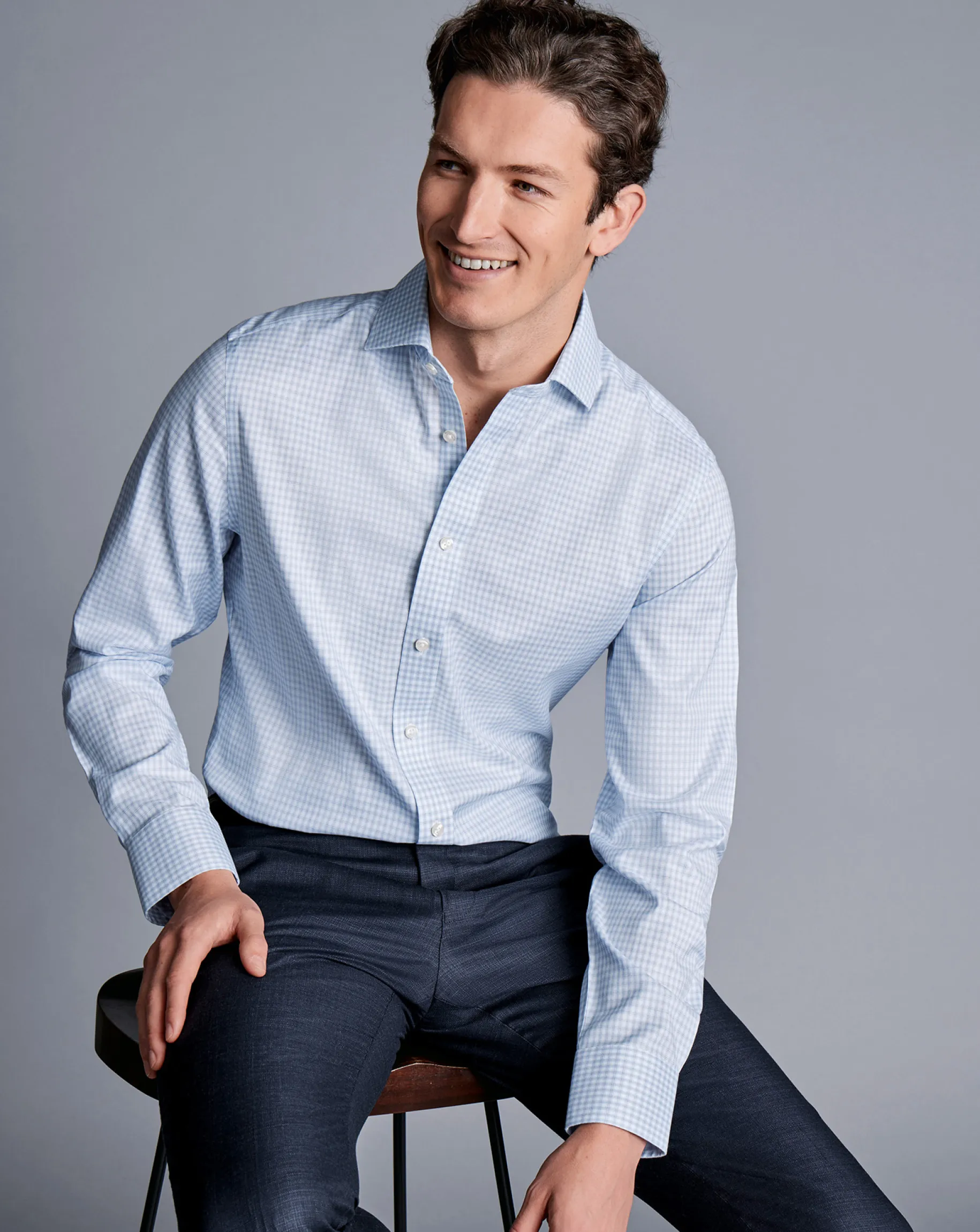Dress Shirts|XL<Charles Tyrwhitt Spread Collar Non-Iron Double Check Shirt - Blue Sky