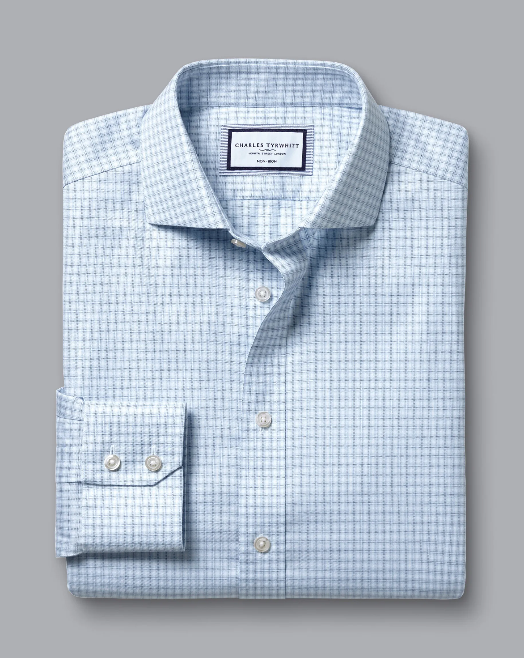 Dress Shirts|XL<Charles Tyrwhitt Spread Collar Non-Iron Double Check Shirt - Blue Sky