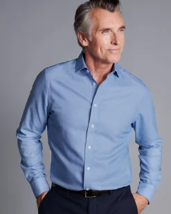 Shirt Sale|Dress Shirts<Charles Tyrwhitt Spread Collar Non-Iron Henley Weave Shirt - Ocean Blue