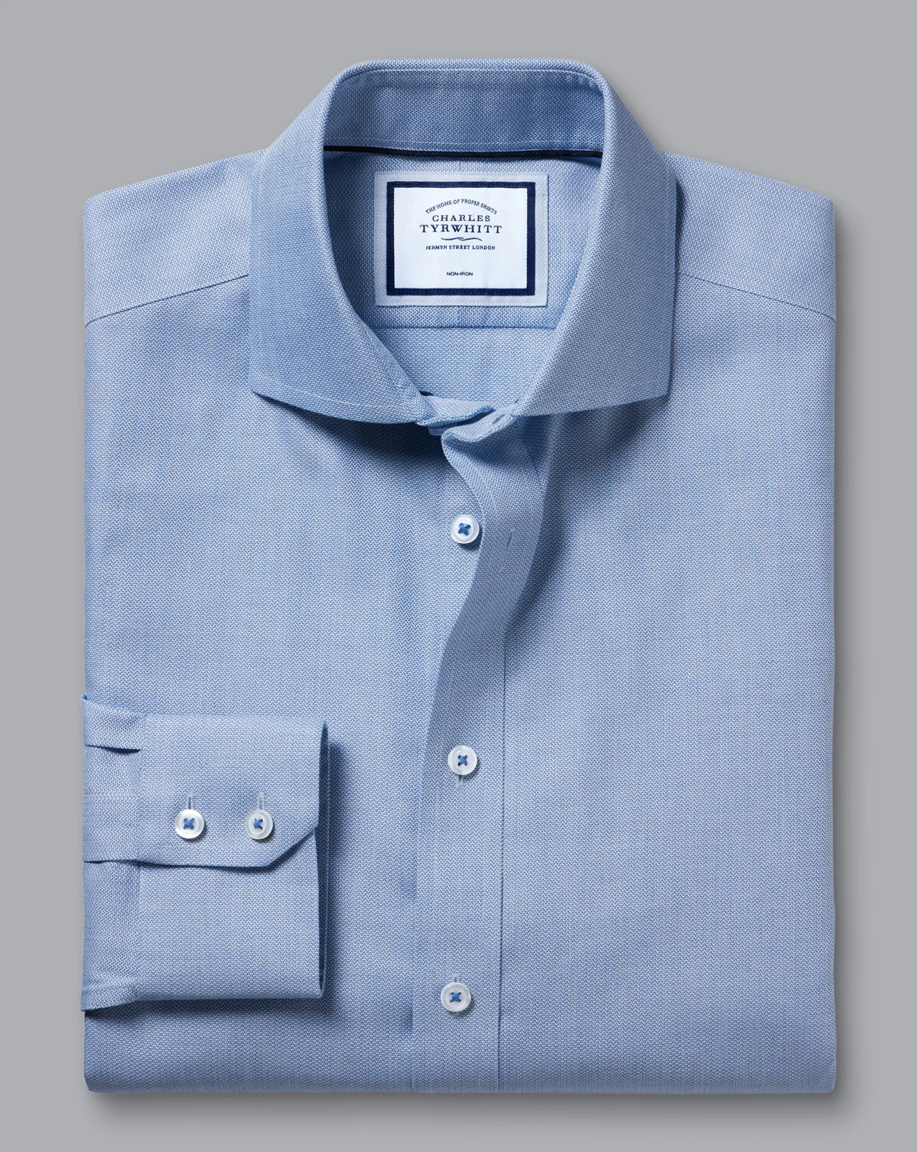 Shirt Sale|Dress Shirts<Charles Tyrwhitt Spread Collar Non-Iron Henley Weave Shirt - Ocean Blue