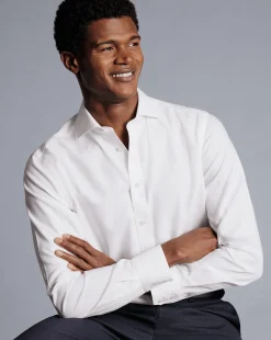 Dress Shirts|XL<Charles Tyrwhitt Spread Collar Non-Iron Henley Weave Shirt - White