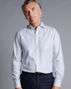 Shirt Sale|Dress Shirts<Charles Tyrwhitt Spread Collar Non-Iron Henley Weave Stripe Shirt - Blue Royal