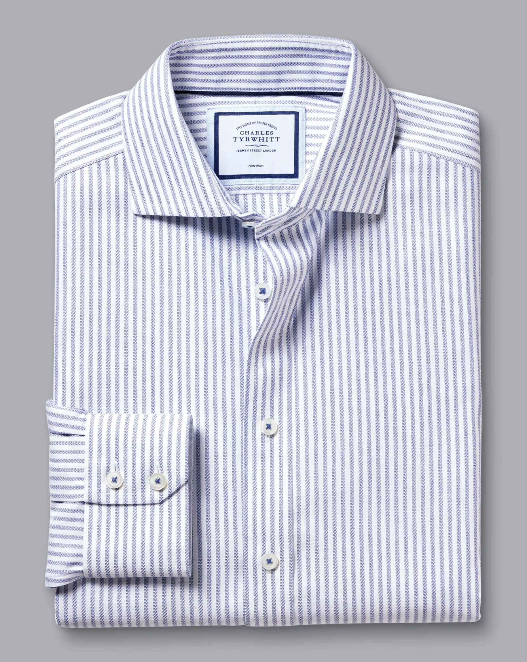Shirt Sale|Dress Shirts<Charles Tyrwhitt Spread Collar Non-Iron Henley Weave Stripe Shirt - Blue Royal