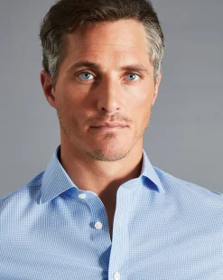 Dress Shirts|Check Shirts<Charles Tyrwhitt Spread Collar Non-Iron Mini Gingham Check Shirt - Cornflower Blue