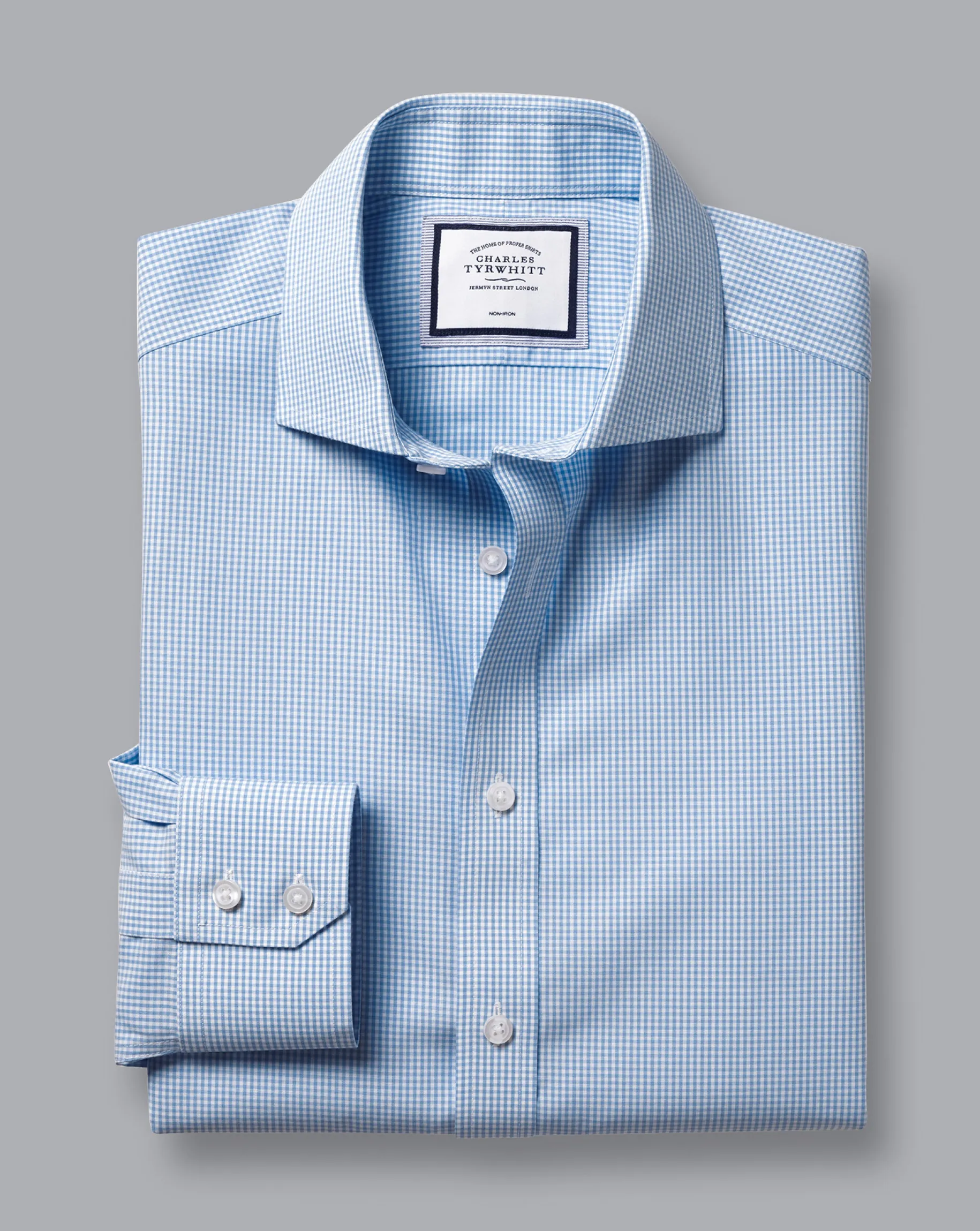 Dress Shirts|Check Shirts<Charles Tyrwhitt Spread Collar Non-Iron Mini Gingham Check Shirt - Cornflower Blue