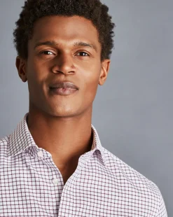 Shirt Sale|Dress Shirts<Charles Tyrwhitt Spread collar Non-Iron Richmond Weave Check Shirt - Red Wine