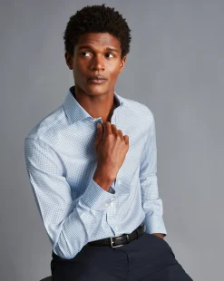 Dress Shirts|XL<Charles Tyrwhitt Spread Collar Non-Iron Twill Mini Windowpane Check Shirt - Steel Blue