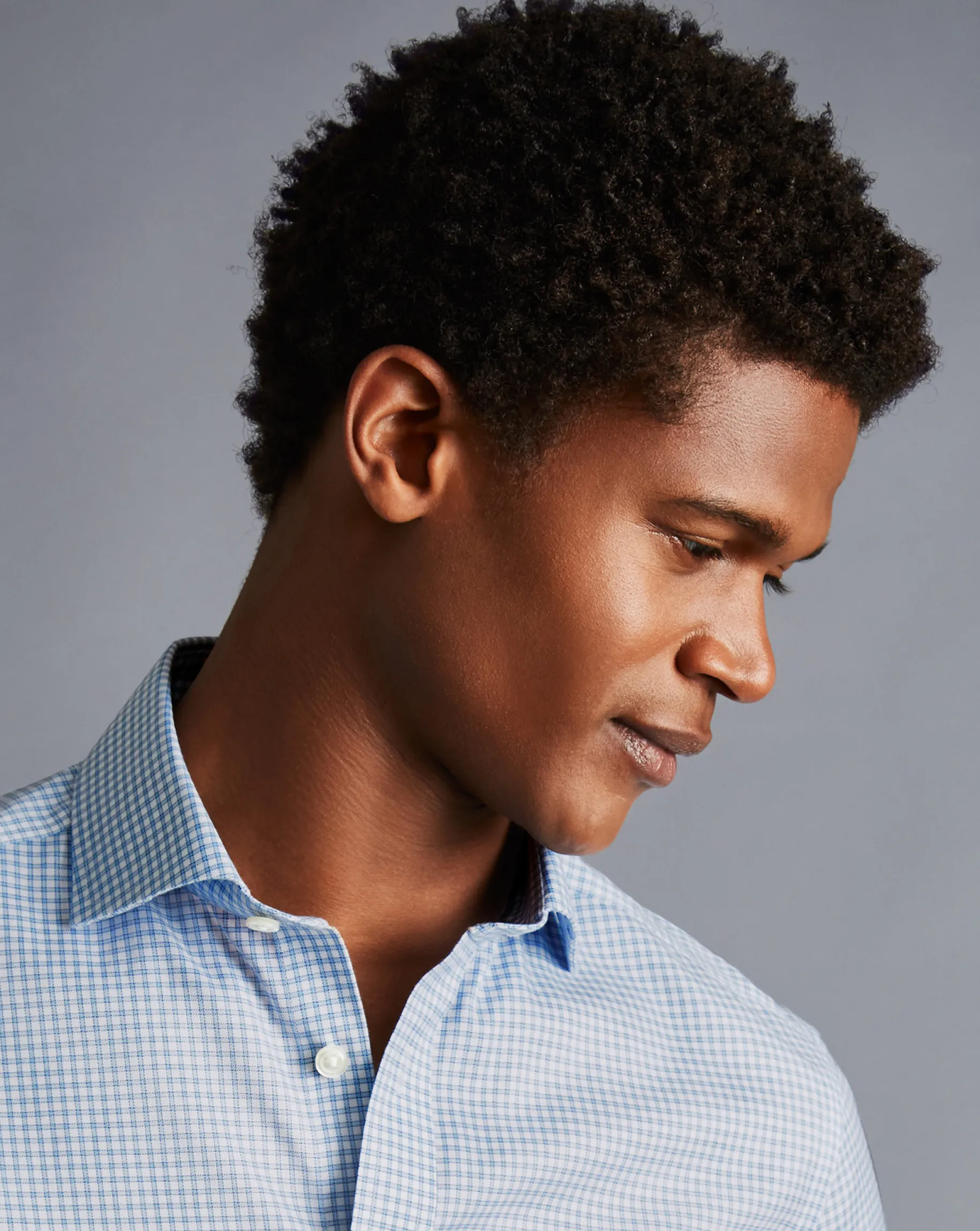 Dress Shirts|XL<Charles Tyrwhitt Spread Collar Non-Iron Twill Mini Windowpane Check Shirt - Steel Blue