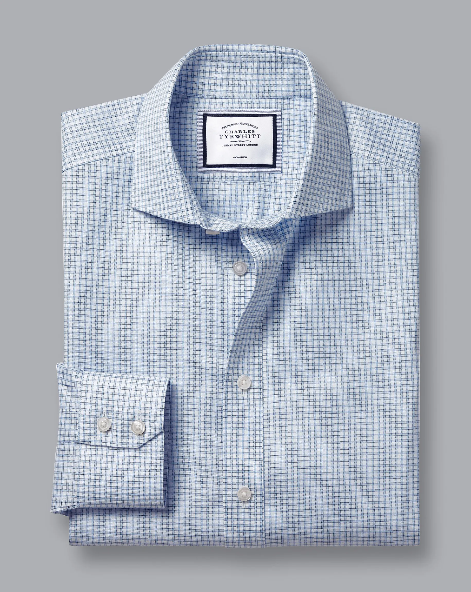 Dress Shirts|XL<Charles Tyrwhitt Spread Collar Non-Iron Twill Mini Windowpane Check Shirt - Steel Blue