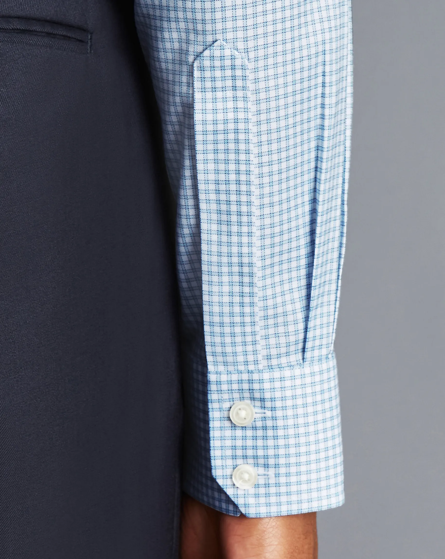 Dress Shirts|XL<Charles Tyrwhitt Spread Collar Non-Iron Twill Mini Windowpane Check Shirt - Steel Blue