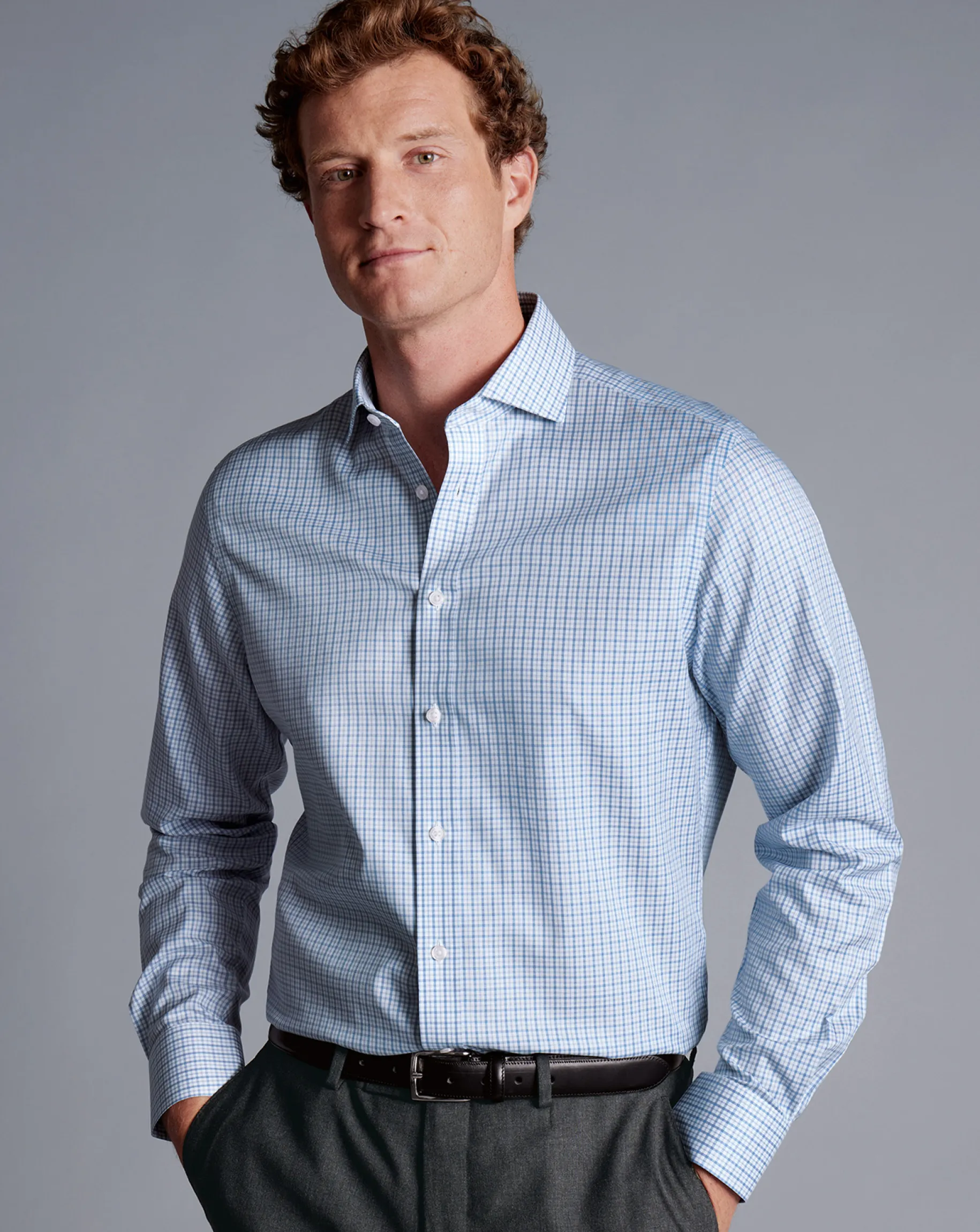Dress Shirts|S<Charles Tyrwhitt Spread Collar Non-Iron Twill Windowpane Check Shirt - Ocean Blue