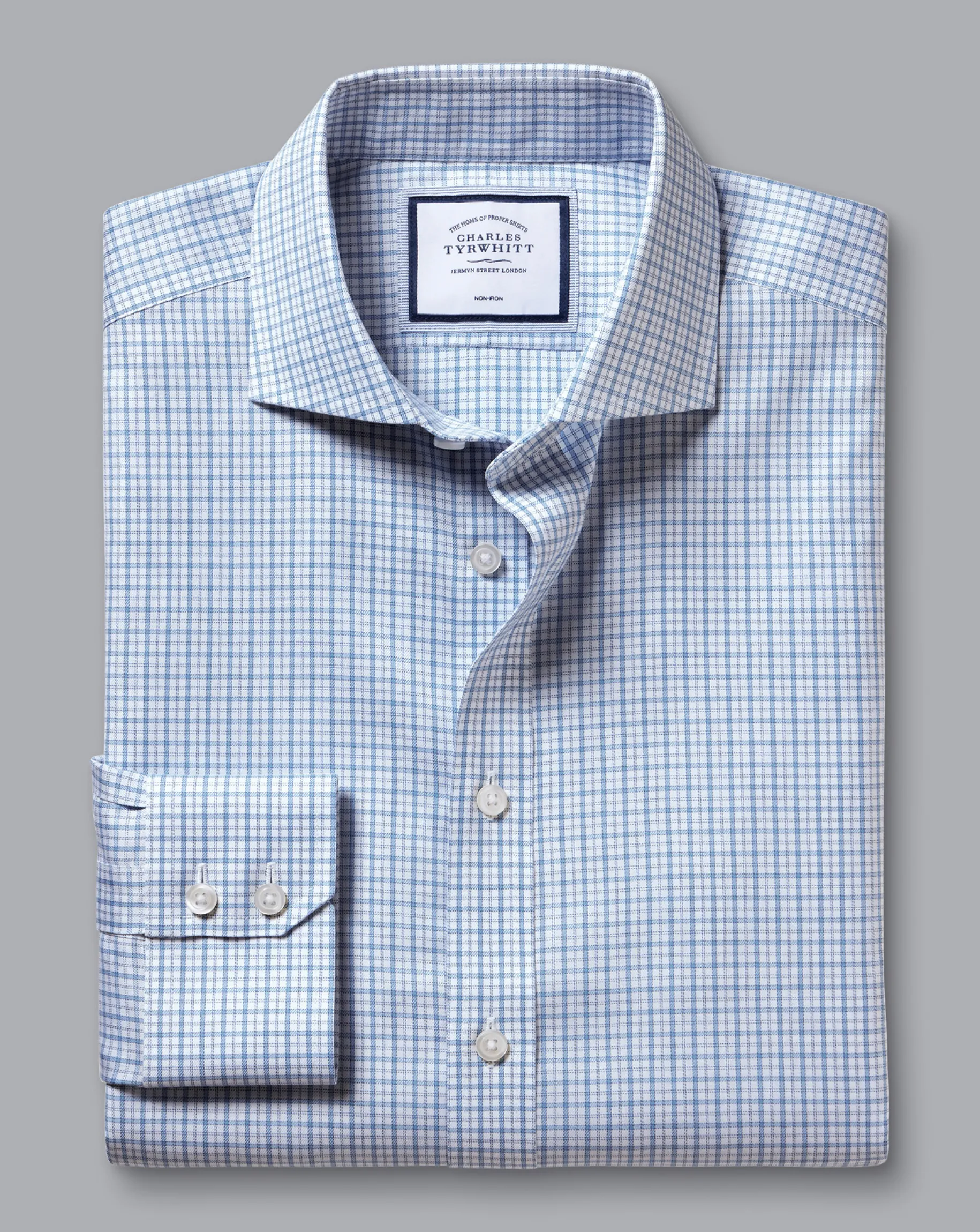 Dress Shirts|S<Charles Tyrwhitt Spread Collar Non-Iron Twill Windowpane Check Shirt - Ocean Blue