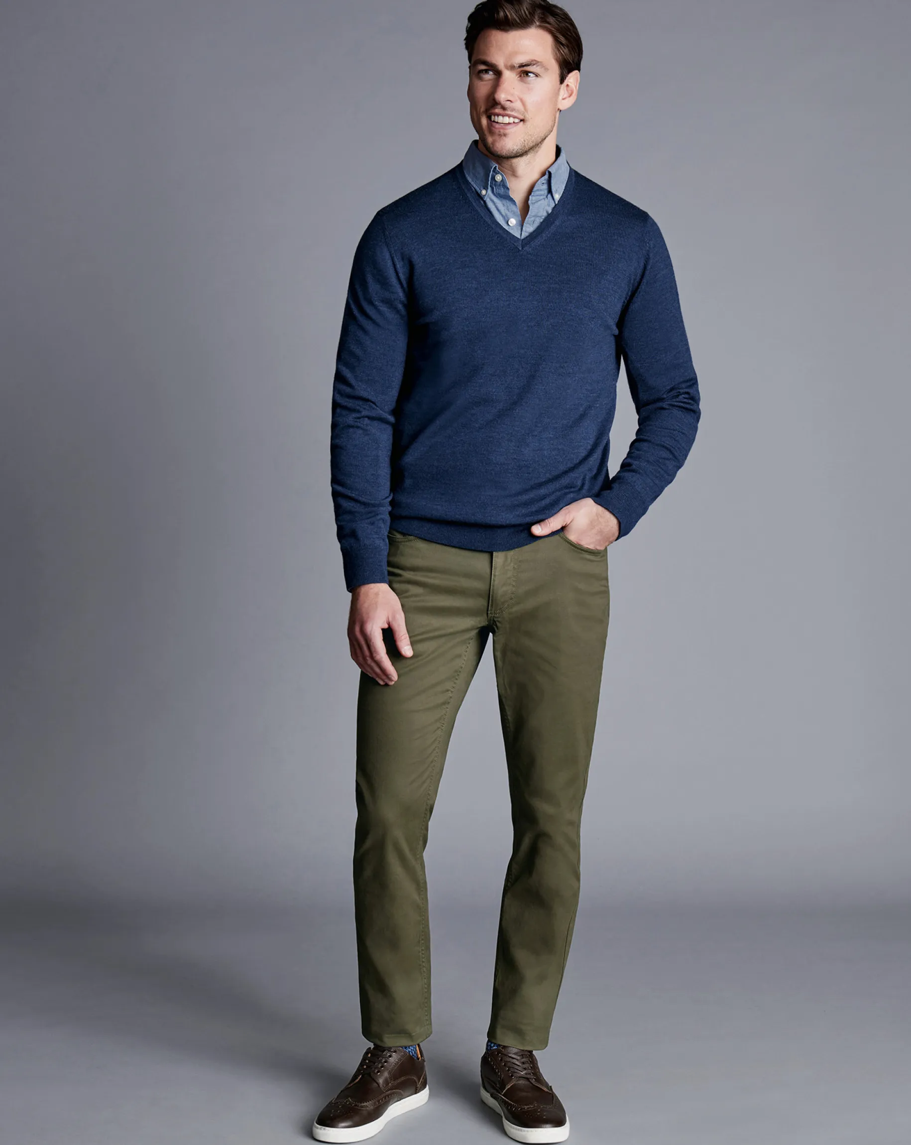Pants & Shorts<Charles Tyrwhitt Twill 5 Pocket Jeans - Green Olive