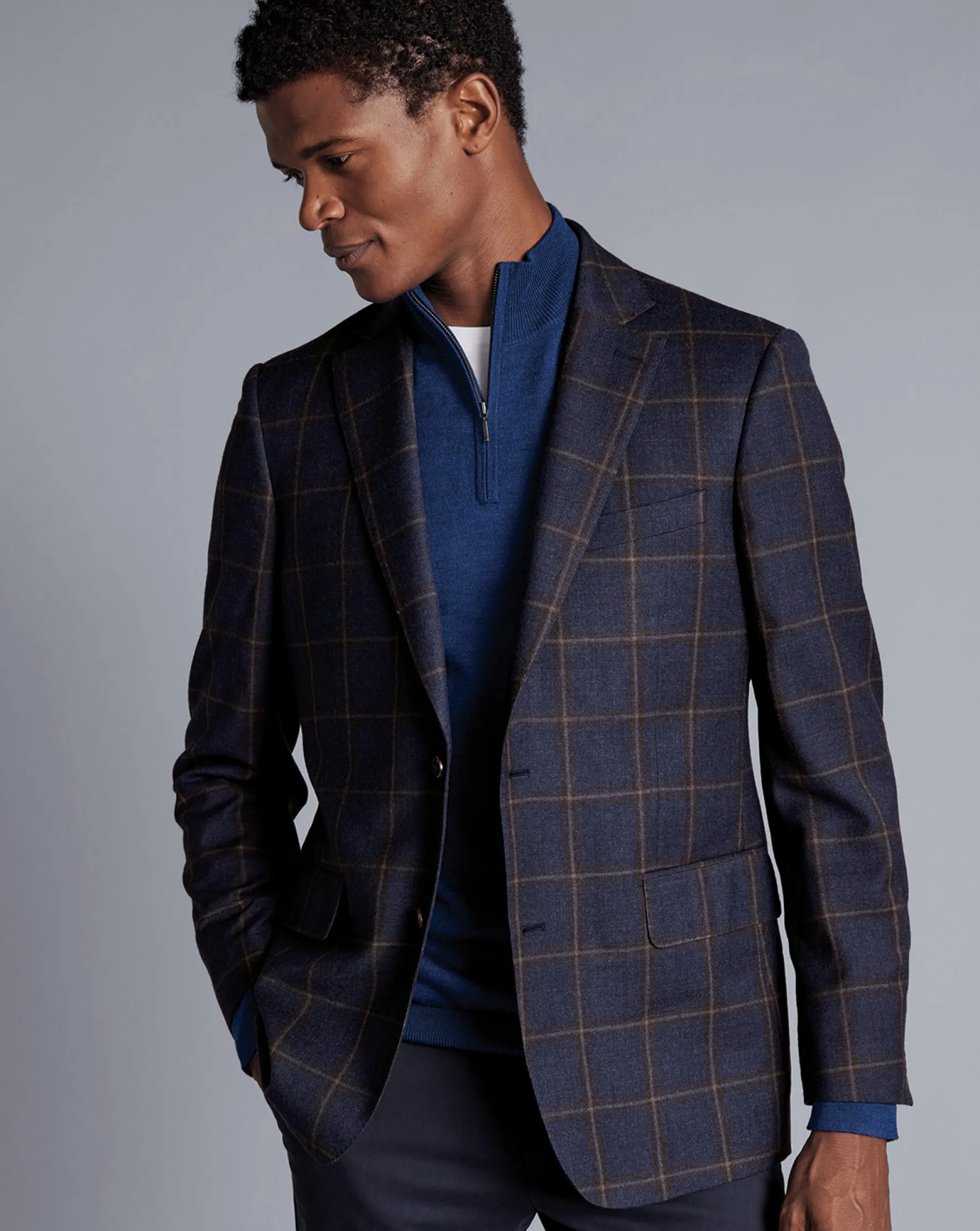 Coats & Jackets|Blazers<Charles Tyrwhitt Windowpane Check Textured Wool Jacket - Steel Blue