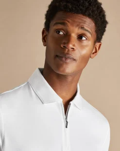 White Shirts|White<Charles Tyrwhitt Zip-Neck Jersey Polo - White