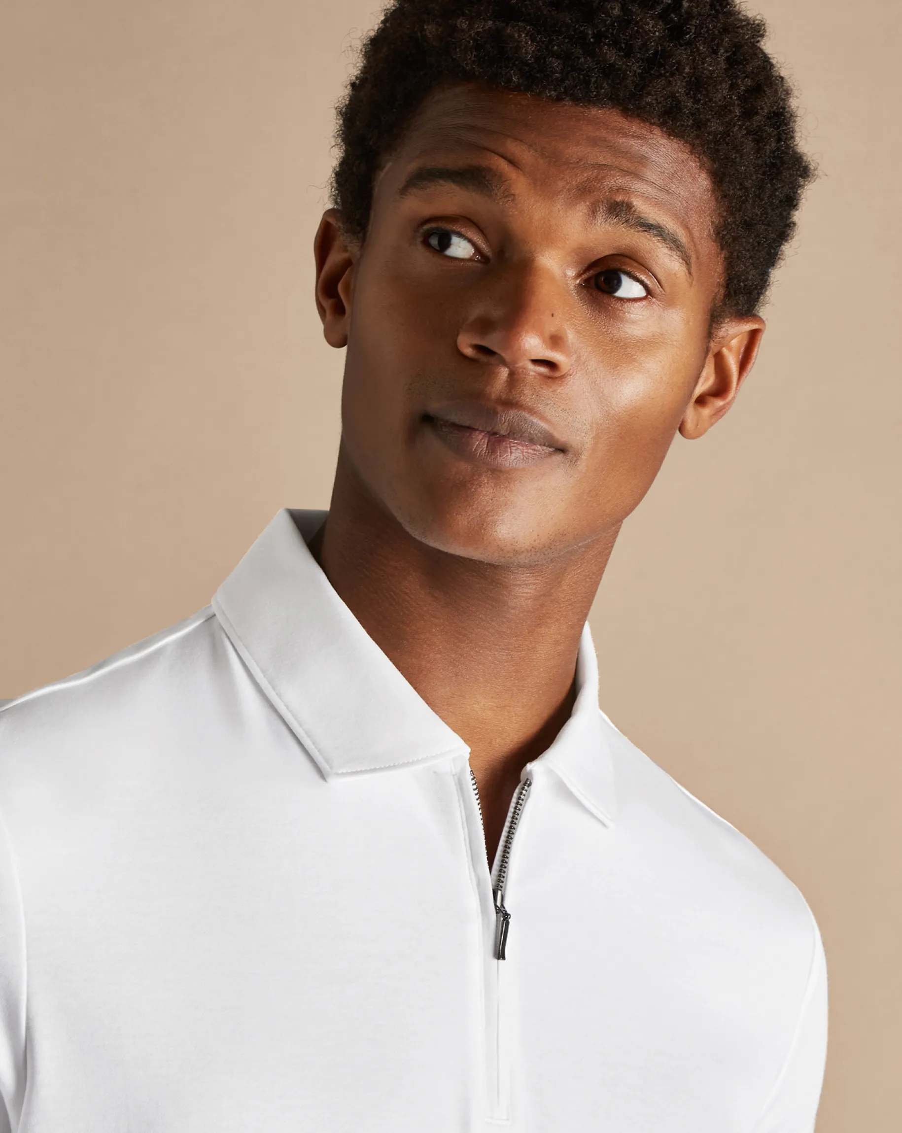 White Shirts|White<Charles Tyrwhitt Zip-Neck Jersey Polo - White